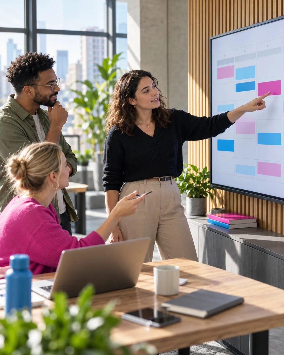 A content team planning multilingual updates on a shared calendar screen