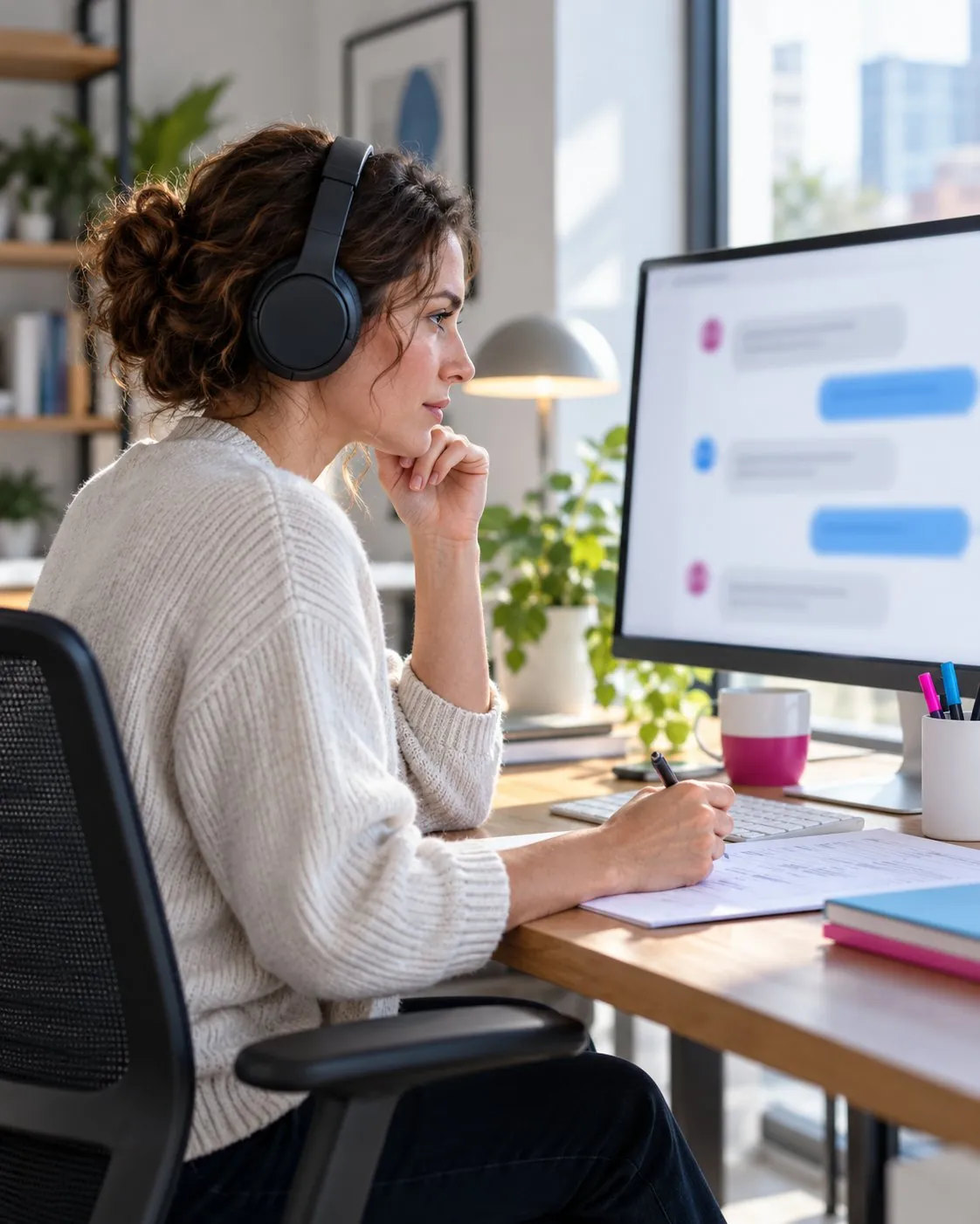 An evaluator with headphones reviewing chatbot responses and taking notes