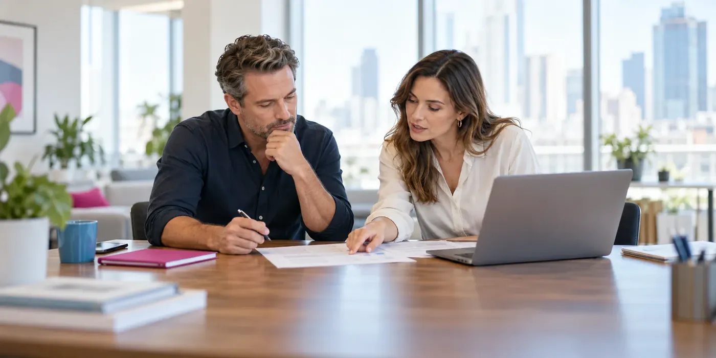 Two colleagues reviewing a printed document beside a laptop