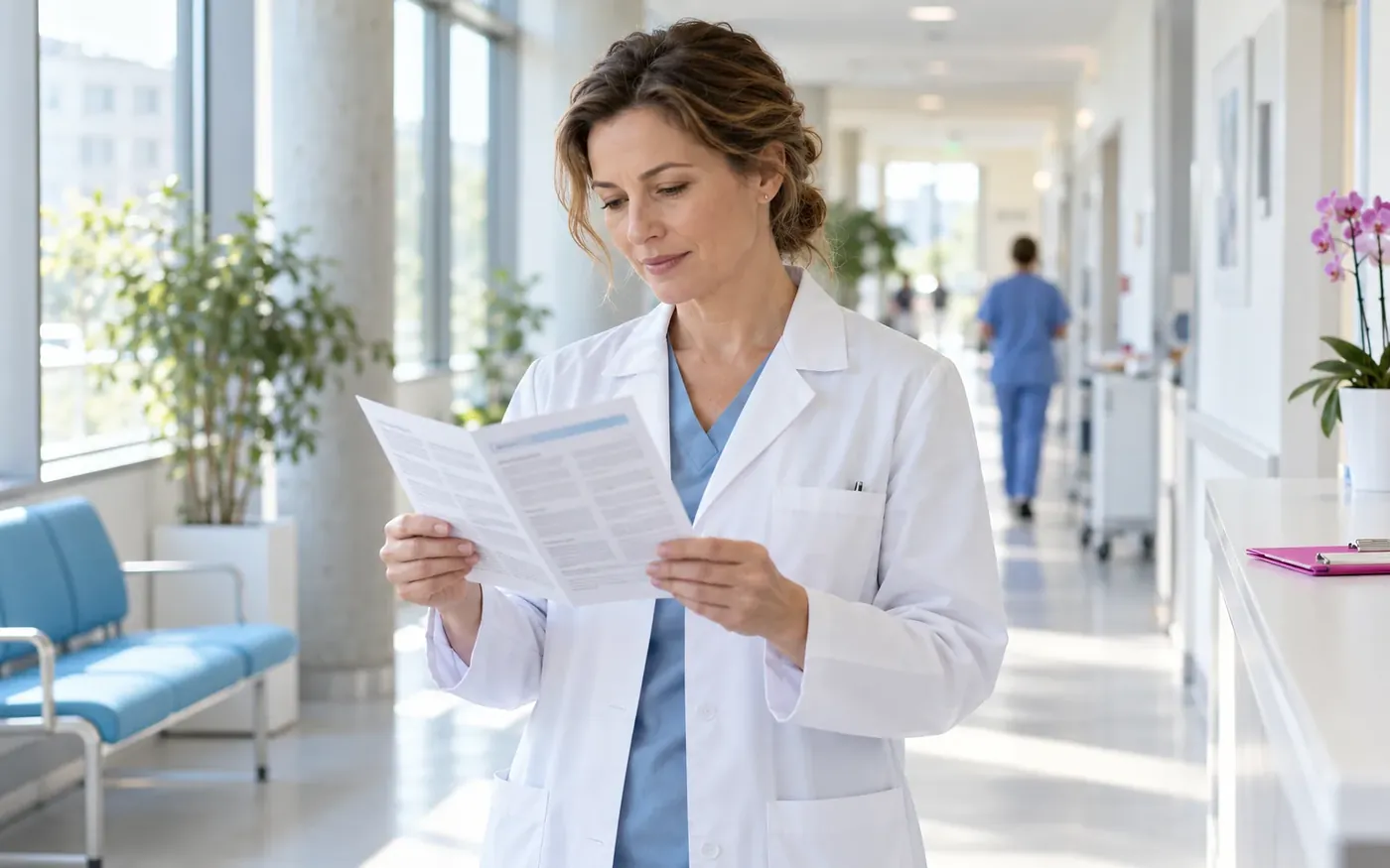 A clinician reading a patient information leaflet in a clinic corridor