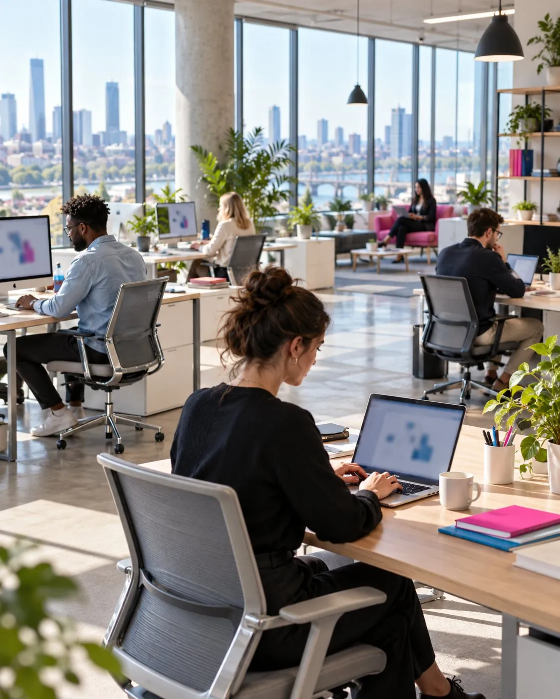 An open-plan office of professionals working at desks with a city skyline behind them