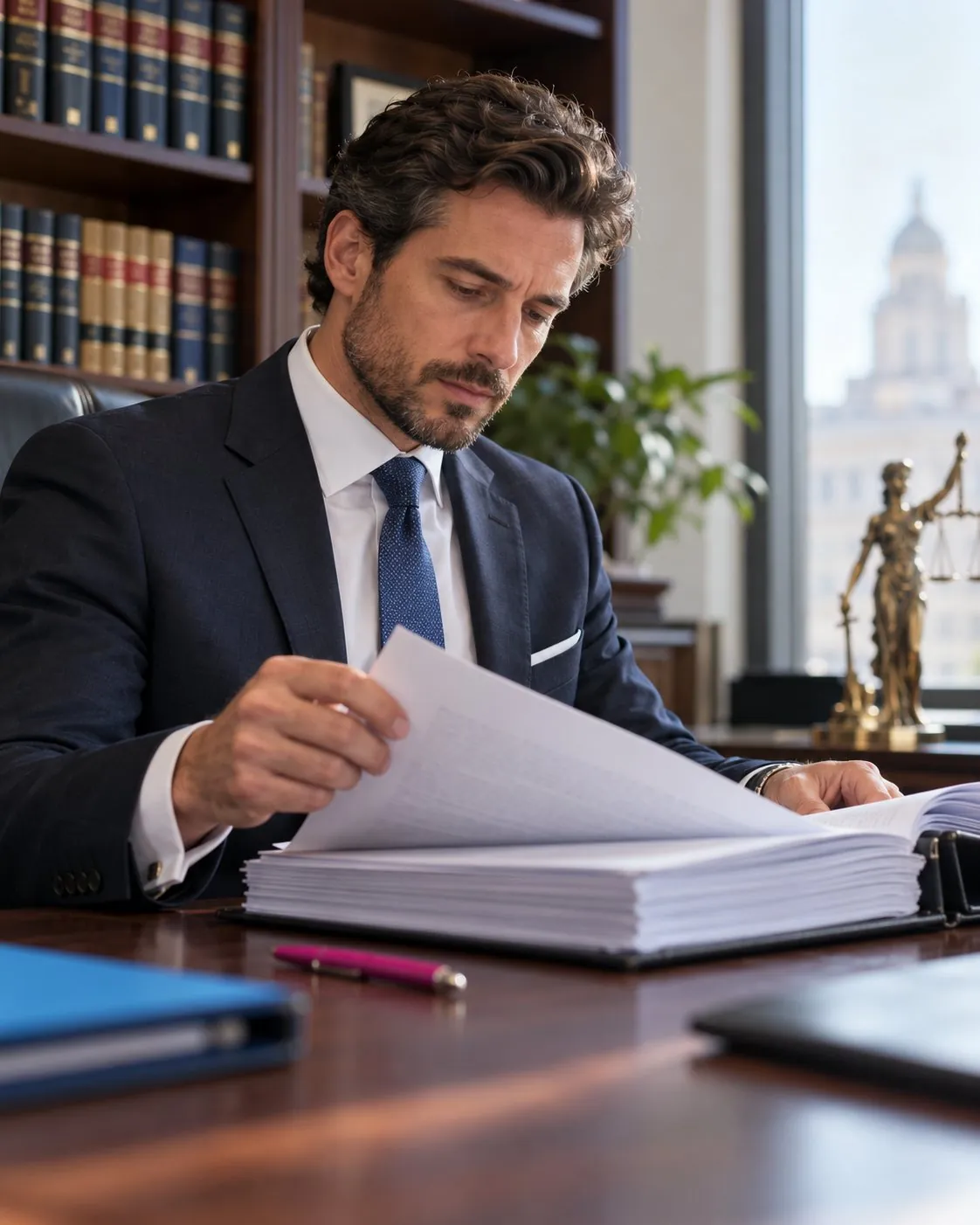 A lawyer reviewing a thick contract binder in a law office