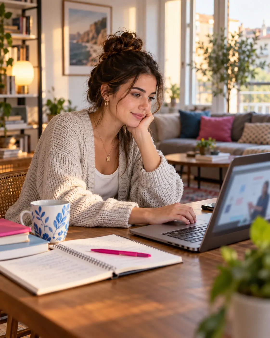 A learner following an online course on a laptop at home