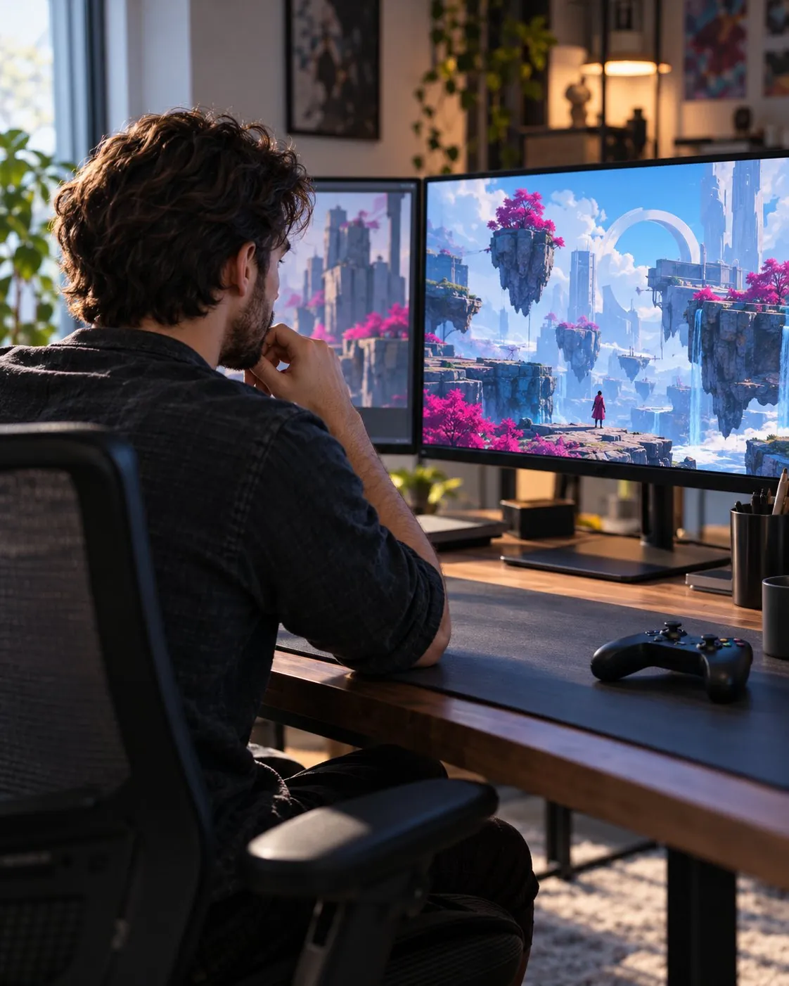 A game developer reviewing a fantasy game scene on two monitors