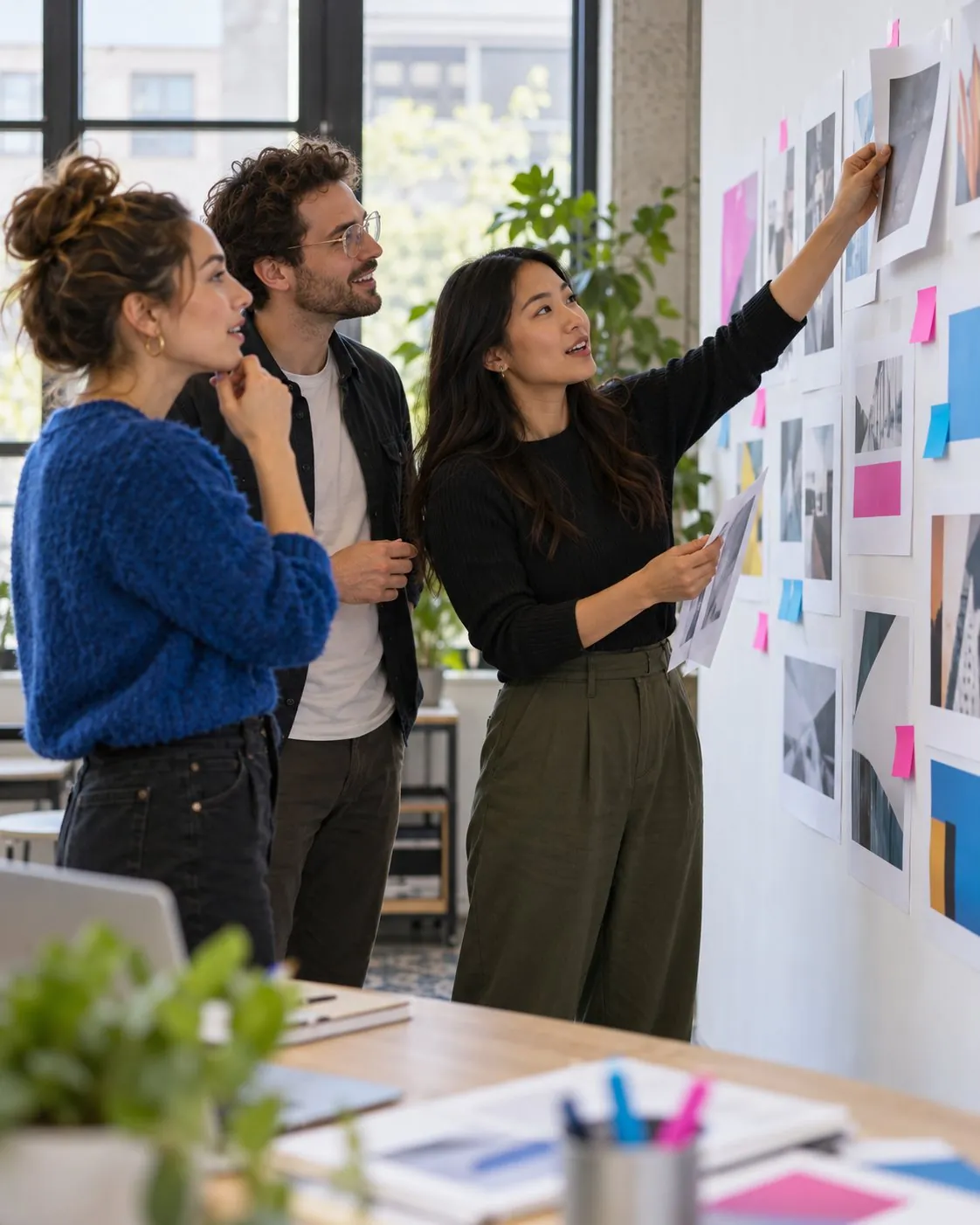 A creative team reviewing printed ad layouts pinned to a wall