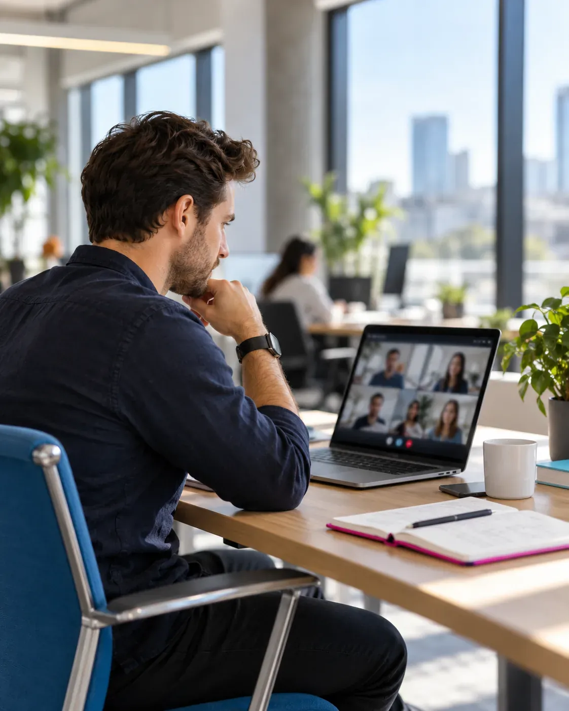 A project manager on a video call with colleagues