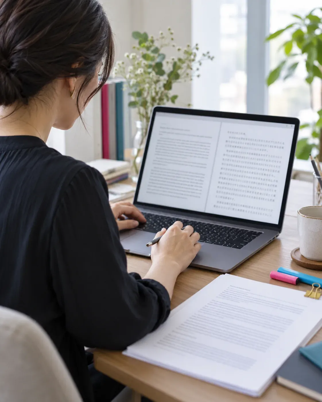 A linguist editing English and Japanese text side by side on a laptop