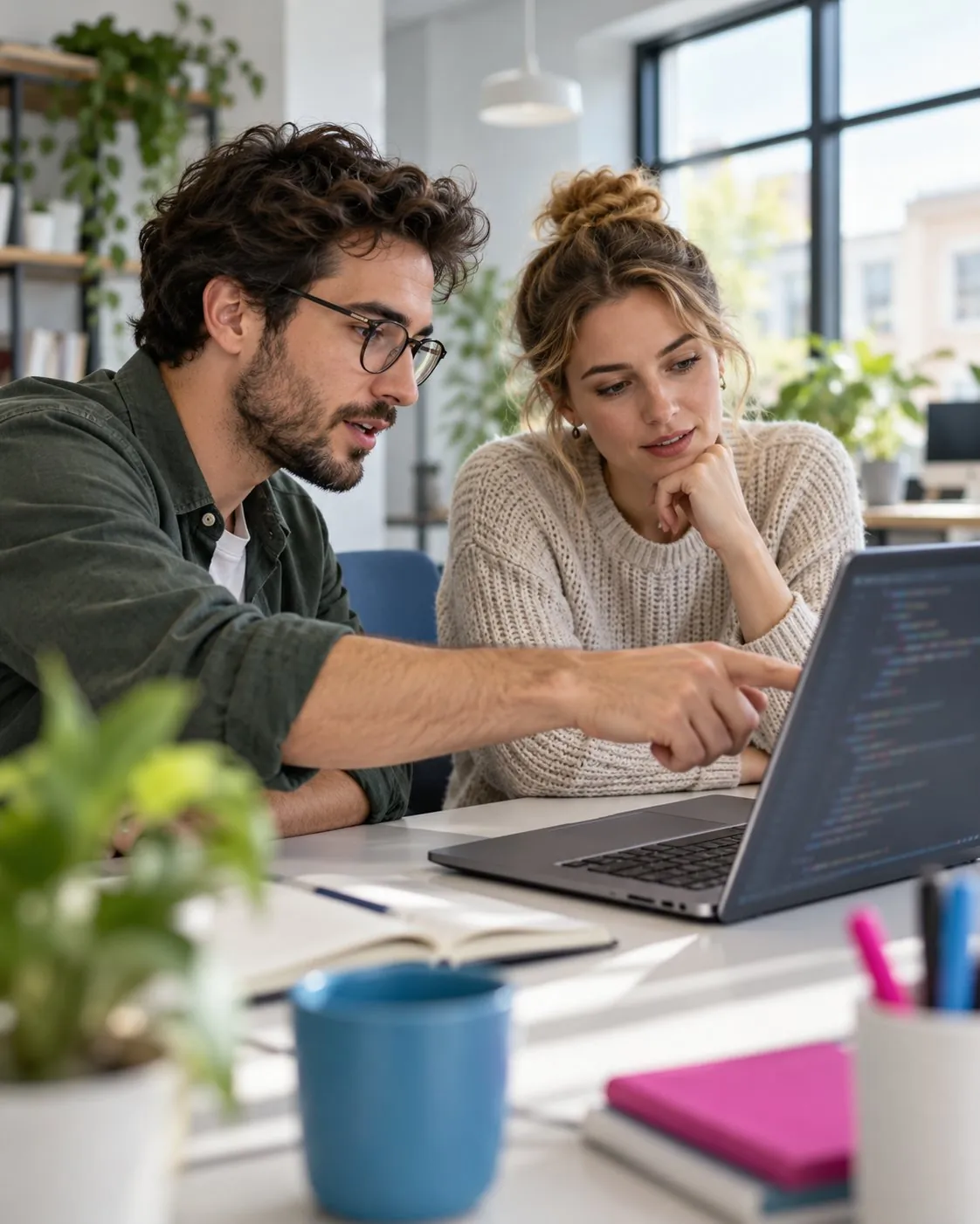 A developer and a linguist reviewing interface code on a laptop